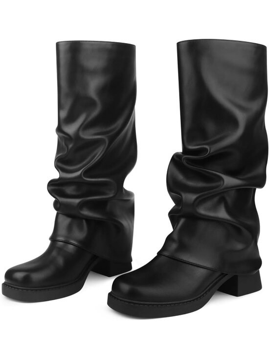 Shoes - Women's Black Fold Over Slouchy Wide Mid Calf Low Block Heel Stacked Dress Boots